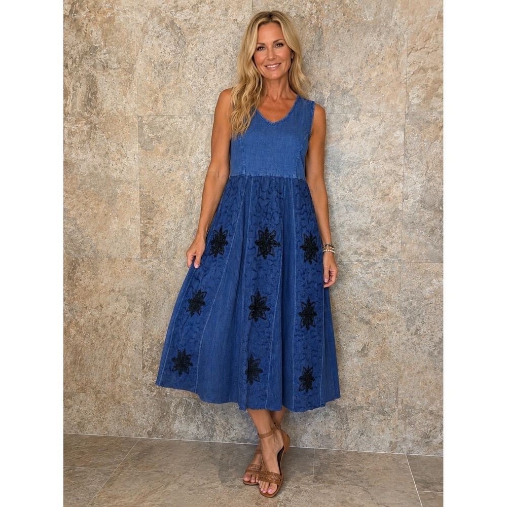 Indigo Vintage Embroidered Tank Maxi Dress Blue M-L Boho Hippie Casual Festival